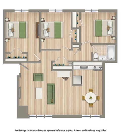 Floor plan for 3 beds, 1 bath, 950 sqft